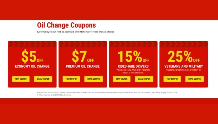 See how to redeem 5 Take 5 Oil Change Coupons